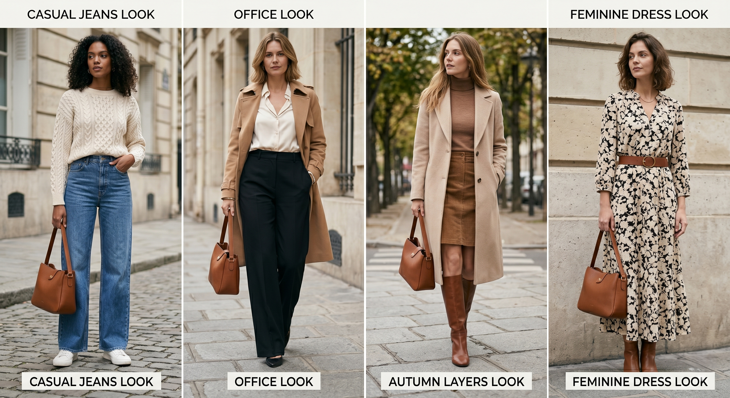 Collage mit vier Outfit-Ideen mit brauner Tasche